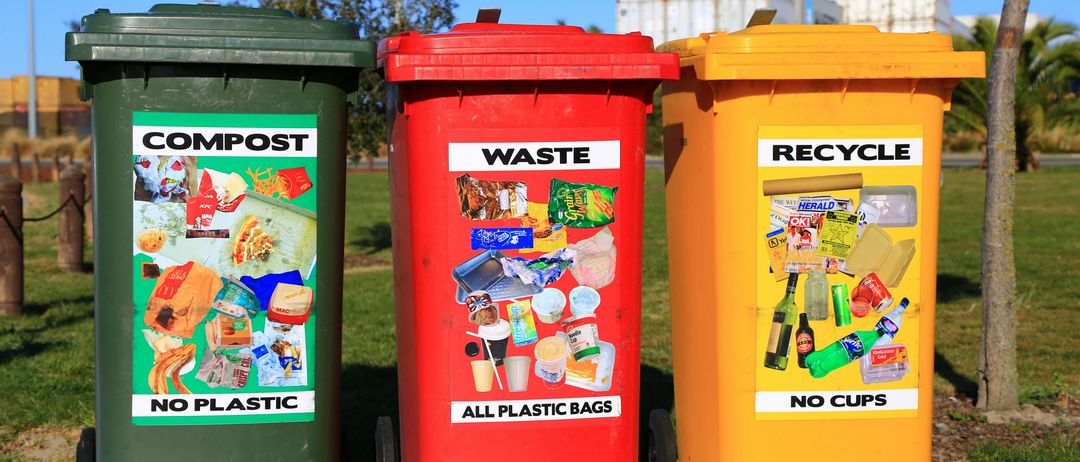 Drei Mülleimer stehen in einer Reihe. Ein grüner Behälter mit der Aufschrift Kompost, ein roter Behälter mit der Aufschrift Abfall und ein orangefarbener Behälter mit der Aufschrift Recyceln.