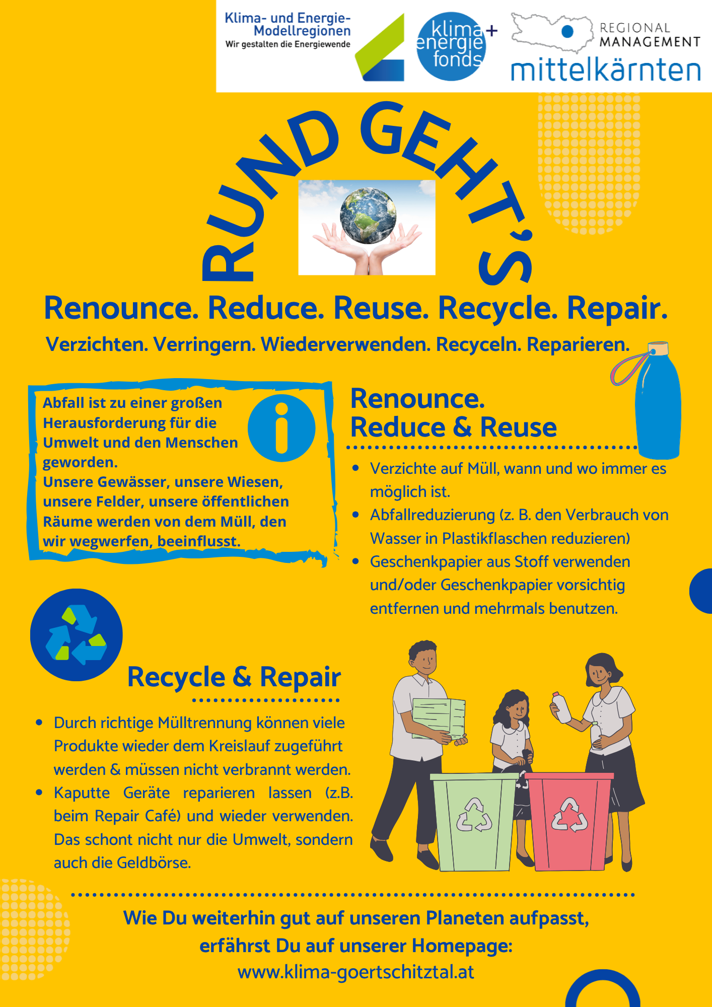 Ein Infografik über Recycling und Abfallreduzierung. Es betont die Bedeutung von Recycling, Wiederverwendung und Reparatur von Gegenständen. Es zeigt eine Hand, die eine Erde hält, um die Auswirkungen von Abfällen auf die Umwelt hervorzuheben.