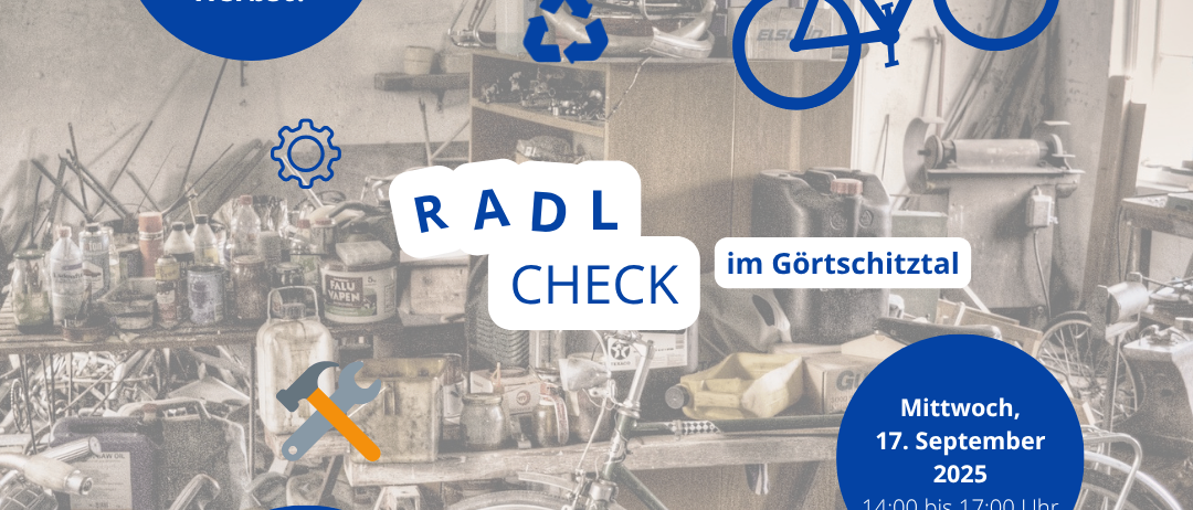 Plakat für eine Fahrrad-Check-Veranstaltung in Gortschitztal am Mittwoch, 17. September 2025, von 14 bis 17 Uhr. Veranstaltet vom Gemeindeamt Klein St. Paul, Bucherei, in der Marktstraße 17. Fahrräder, Werkzeuge und ein Kaffeetassen-Symbol sind abgebildet.