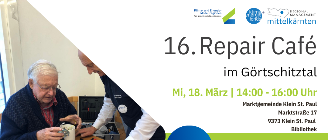 Werbeposter für ein kostenloses Reparaturcafé am 18. März. Zwei Männer arbeiten an Elektronik, Werkzeug auf einem Tisch. Text in Deutsch. Datum, Zeit und Standortdetails. Website und Kontaktinformationen enthalten.