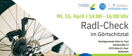 Eine Anzeige für einen kostenlosen Fahrrad-Check im Gortschitztal am 15. April, 14:00-16:00. Die Veranstaltung findet in der Marktgemeinde Klein St. Paul Bibliothek statt. Erfahrene Fahrradmechaniker überprüfen Fahrräder auf Sicherheit.