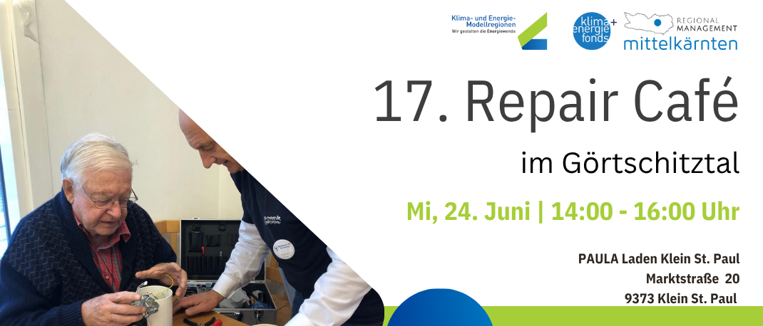 Ein Werbeplakat für ein Reparaturcafé. Zwei ältere Männer arbeiten an einem Projekt. Die Veranstaltung ist kostenlos, nachhaltig und gemeinschaftsorientiert.