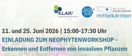 Einladung zum Neophytenworkshop am 11. und 25. Juni 2026 von 15:00 bis 17:30 Uhr. Erkennung und Entfernung von invasiven Pflanzen. Treffpunkte: 11. Juni im Kräutergarten Eberstein, 25. Juni im Gemeindesaal Huttenberg.