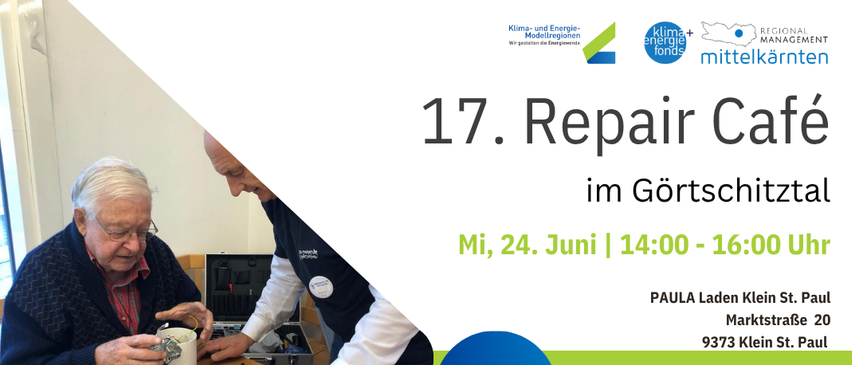 Plakat für die Repair Cafe Veranstaltung. Zwei ältere Männer arbeiten an elektronischen Geräten. Datum: 24. Juni, Zeit: 14:00 - 16:00. Ort: Gortschitztal, Paul Klein St. Freier Eintritt.