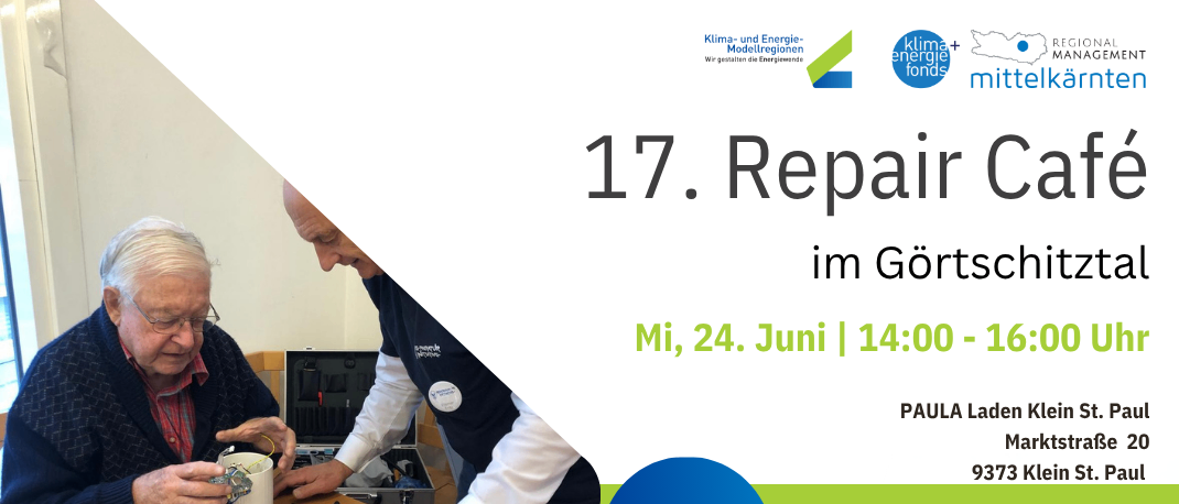 Plakat für die Repair Cafe Veranstaltung. Zwei ältere Männer arbeiten an elektronischen Geräten. Datum: 24. Juni, Zeit: 14:00 - 16:00. Ort: Gortschitztal, Paul Klein St. Freier Eintritt.