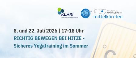 Poster für Sommer-Yoga-Training in Eberstein. Termine: 8. und 22. Juli 2026, 17-18 Uhr. Ort: Kräutergarten Eberstein. Kostenlose Workshops zum Thema aktives und sicheres Verhalten bei Hitze.