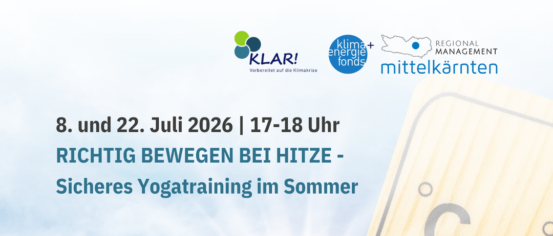 Poster für Sommer-Yoga-Training in Eberstein. Termine: 8. und 22. Juli 2026, 17-18 Uhr. Ort: Kräutergarten Eberstein. Kostenlose Workshops zum Thema aktives und sicheres Verhalten bei Hitze.