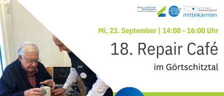 Plakat für ein kostenloses Reparaturcafé-Event am 23. September, mit zwei älteren Männern, die Gegenstände auf einem Tisch reparieren, mit Kontaktinformationen und einem Logo für Klima-Mittelkaernten.