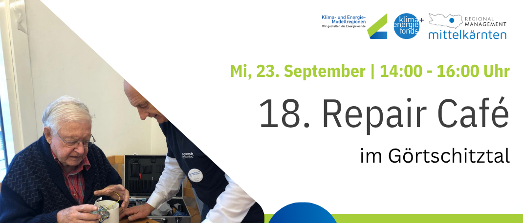 Plakat für ein kostenloses Reparaturcafé-Event am 23. September, mit zwei älteren Männern, die Gegenstände auf einem Tisch reparieren, mit Kontaktinformationen und einem Logo für Klima-Mittelkaernten.