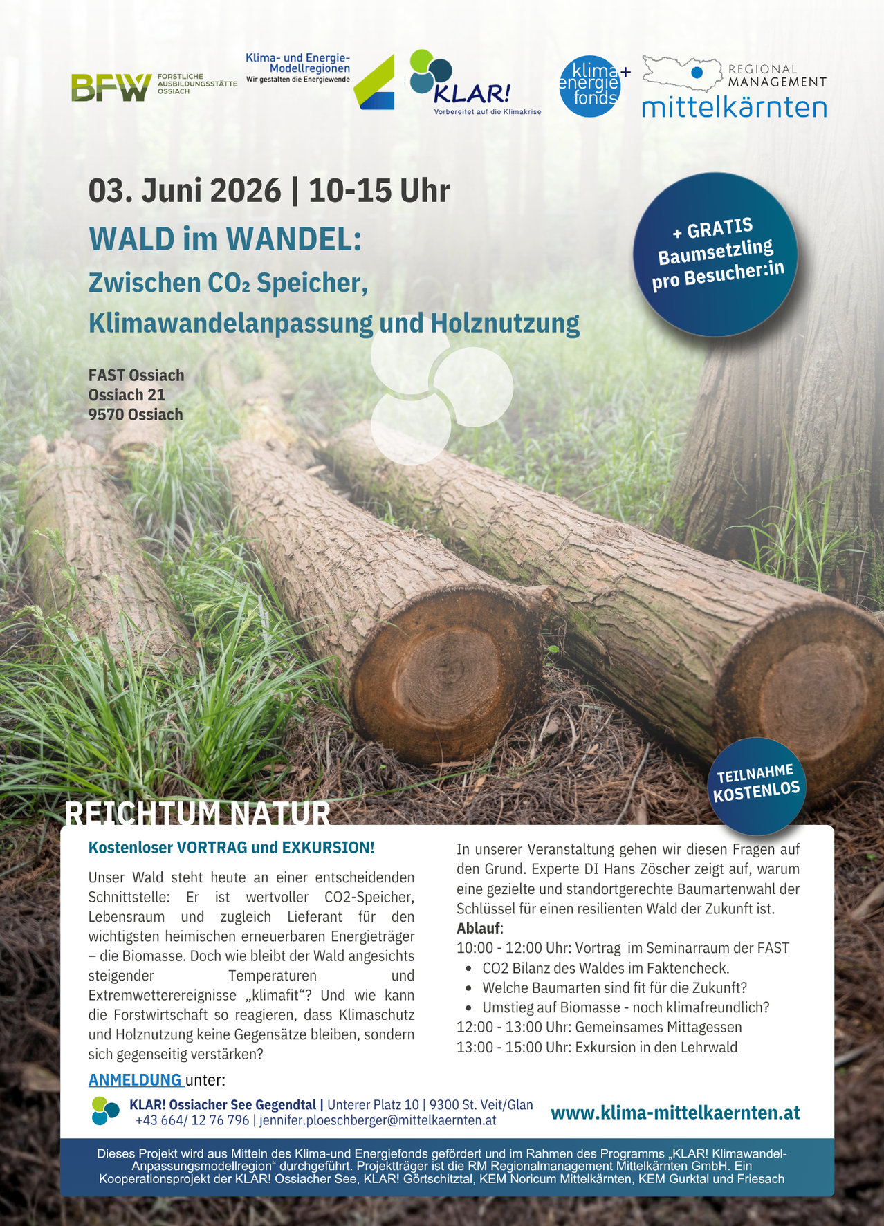 Ein Ereignis am 3. Juni 2026 von 10:00 bis 15:00 Uhr. Der Flyer zeigt einen Wald mit geschnittenen Baumstämmen und grünem Gras. Es geht um Kohlenstoffspeicherung, Klimaanpassung und Holznutzung. Es ist kostenlos. Kontakt: FAST Ossach, Ossach 21, 9570 Ossach.