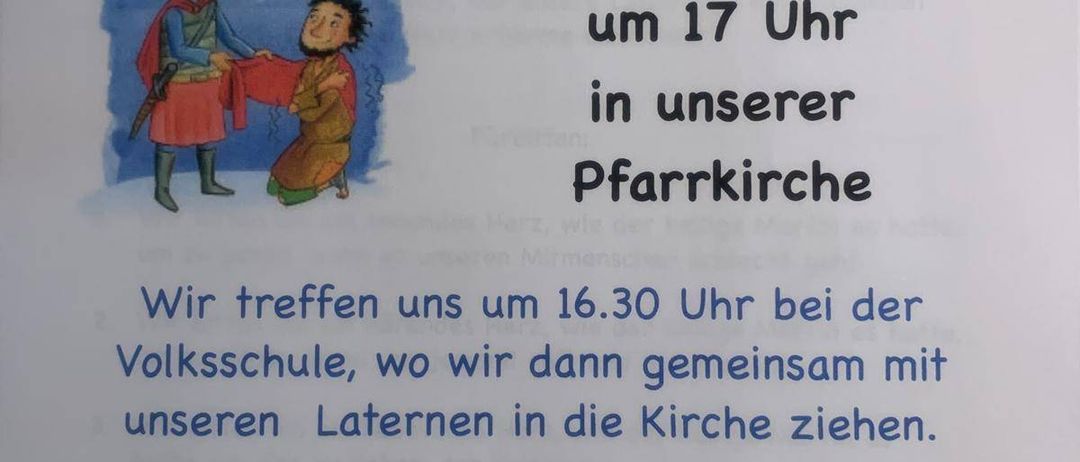 A poster announces a service in honor of Saint Martin on Tuesday, November 11, 2025, at 5 PM in the local parish church. It invites attendees to gather at the school at 4:30 PM to walk to the church with lanterns. After the mass, a small celebration awaits in the church foyer.