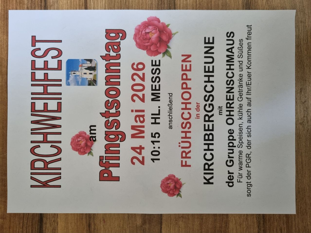 Pfingstsonntag 2026 am 24. Mai, 10:15-11:55 in der Kirchbergscheune mit warmem Essen.