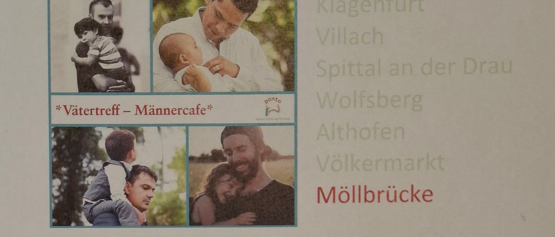 Ein Bild zeigt einen Mann, der ein Baby hält, mit Orten wie Klagenfurt, Villach und Spittal aufgelistet. Ein weiteres Bild zeigt einen Mann mit einem jungen Mädchen, gefolgt von den Namen Althofen und Völkermarkt. Das letzte Bild zeigt einen Mann mit einer Frau, wobei Möllbrück erwähnt wird.
