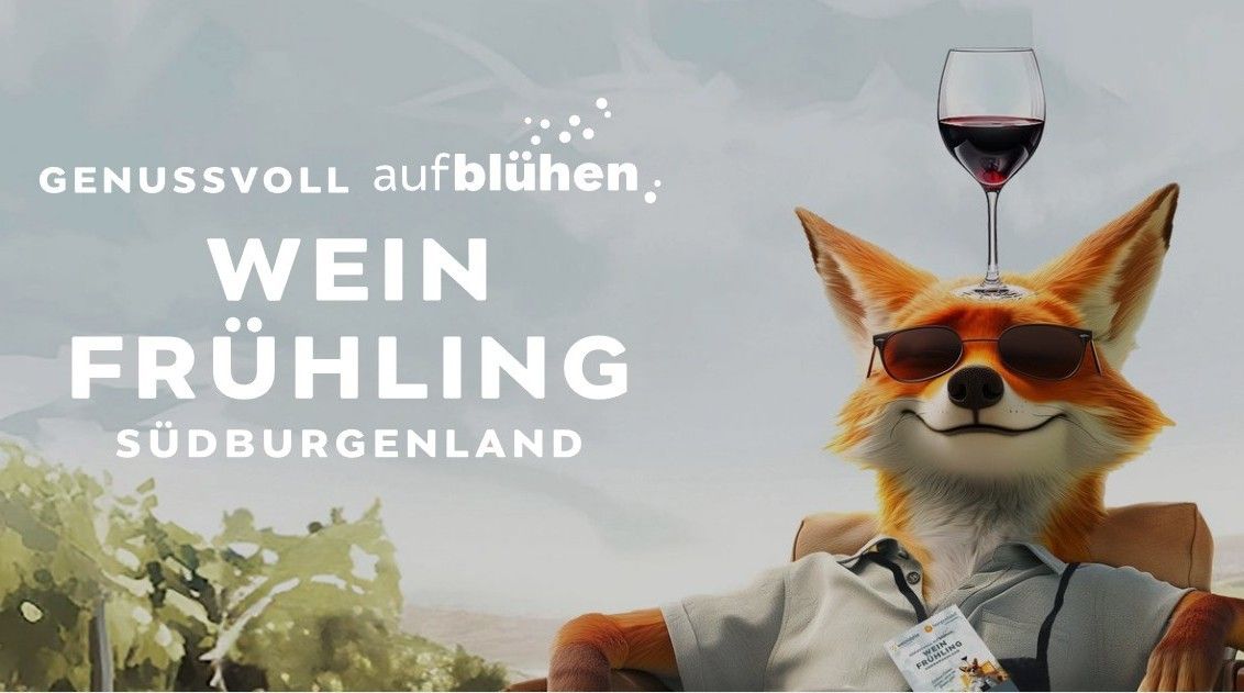 Werbung für Wein Muhling mit einem Fuchs, der eine Sonnenbrille trägt und ein Weinglas hält.