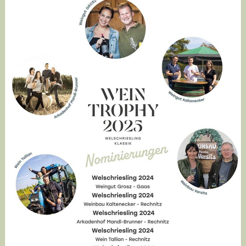 Ein Werbeplakat für die Wein Trophy 2025 mit mehreren Bildern von Menschen in Weinbergen, Fässern und einem Traktor, mit dem Titel und mehreren Nominierungsdetails.