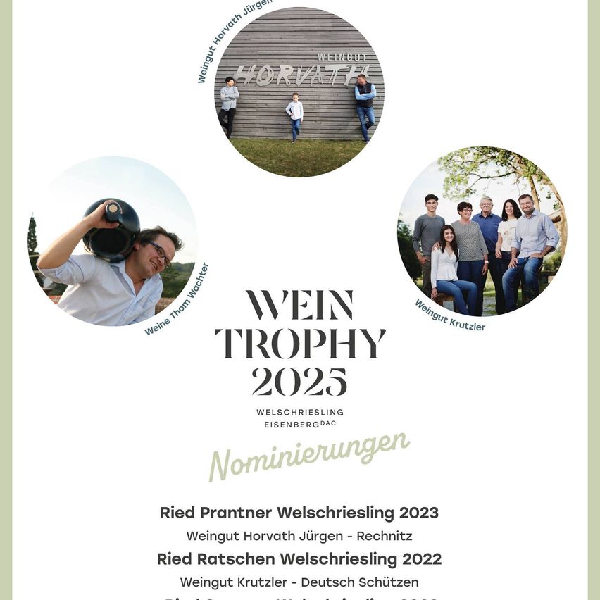 Plakat für die Wein Trophy 2025 mit Bildern von Menschen und Weinbergen. Das Bild oben links zeigt eine Person, die einen Weinfass hält. Das Bild oben rechts zeigt eine Familie vor einem Weinberg. Das Bild unten links zeigt eine lächelnde Person mit einem Weinfass.