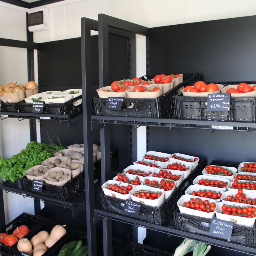 Ein Lebensmittelgeschäftsdisplay mit Gemüse und Obst auf schwarzen Regalen. Tomaten sind in verschiedenen Behältern mit Preisschildern. Anderes Gemüse umfasst Zwiebeln, Kartoffeln und Kräuter.