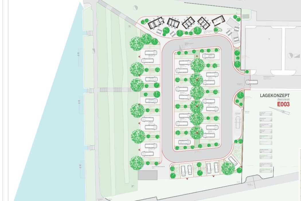 Eine Karte eines Parkplatzes mit mehreren Bereichen, jeweils mit Reihen geparkter Fahrzeuge. Das Layout umfasst Straßen, Grünflächen und Bäume. Die Fahrzeuge sind einheitlich geparkt.
