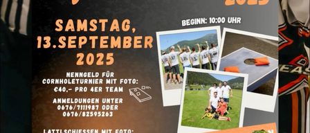Plakat für das 30-jährige Jubiläums-Cornhole-Turnier von EC Raiffeisen Nockberge. Geplant für Samstag, 13. September 2025, Beginn um 10:00 Uhr. Anmeldegebühren und Kontaktdaten angegeben.
