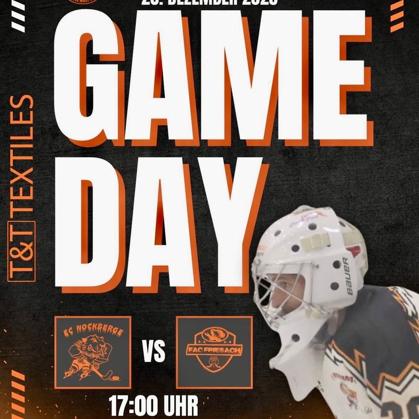 Ein Plakat für ein Eishockeyspiel, das für den 20. Dezember 2020 angesetzt ist, zeigt einen Spieler in einem weißen Helm mit Bauer-Logo.