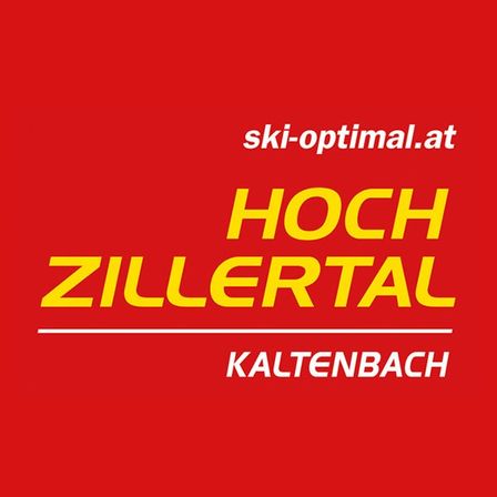 Ein roter Plakat mit weißen Rändern zeigt oben den Text 'ski-optimal.at', gefolgt von 'HOCH ZILLERTAL' in fetten gelben Buchstaben, und 'KALTENBACK' darunter.