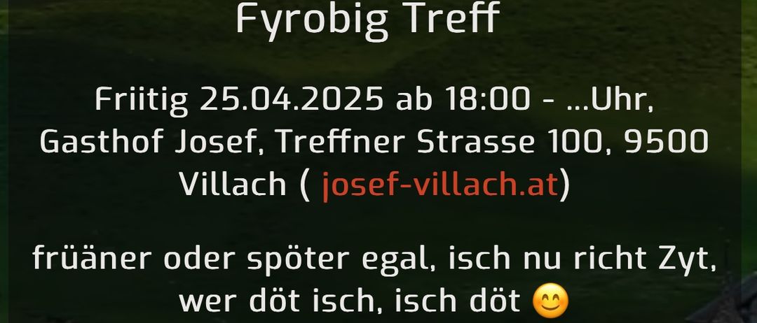 Bild zeigt einen Text in Deutsch, der ein monatliches Treffen für diejenigen anbietet, die CH Deutsch verstehen oder verstehen möchten. Keine Mitgliedschaft erforderlich. Fotos von Essen und Getränken sind ebenfalls zu sehen.