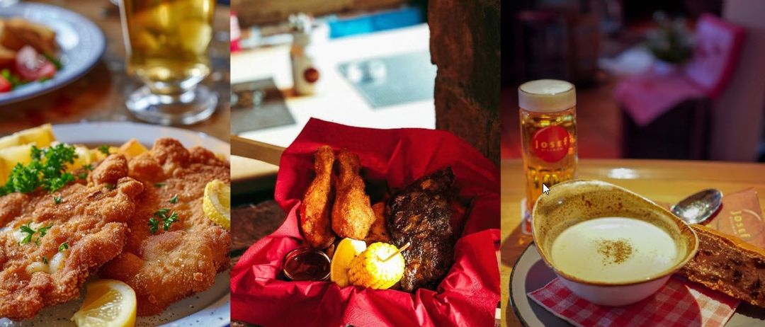 Drei Bilder zeigen ein Bierglas, ein Gericht mit gebratenem Hähnchen und eine Schüssel mit cremiger Suppe. Jedes Bild ist in einer Collage mit einem hölzernen Hintergrund eingerahmt.