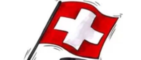 Illustration eines Schweizer Mannes in traditioneller Kleidung, der eine Schweizer Flagge hält.