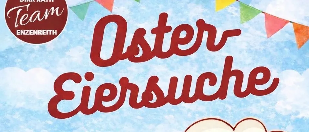 Plakat für eine Ostereiersuche im Park mit einem Kaninchen, Blumen und dekorierten Eiern. Die Veranstaltung ist am 1. April 2026 um 14 Uhr.