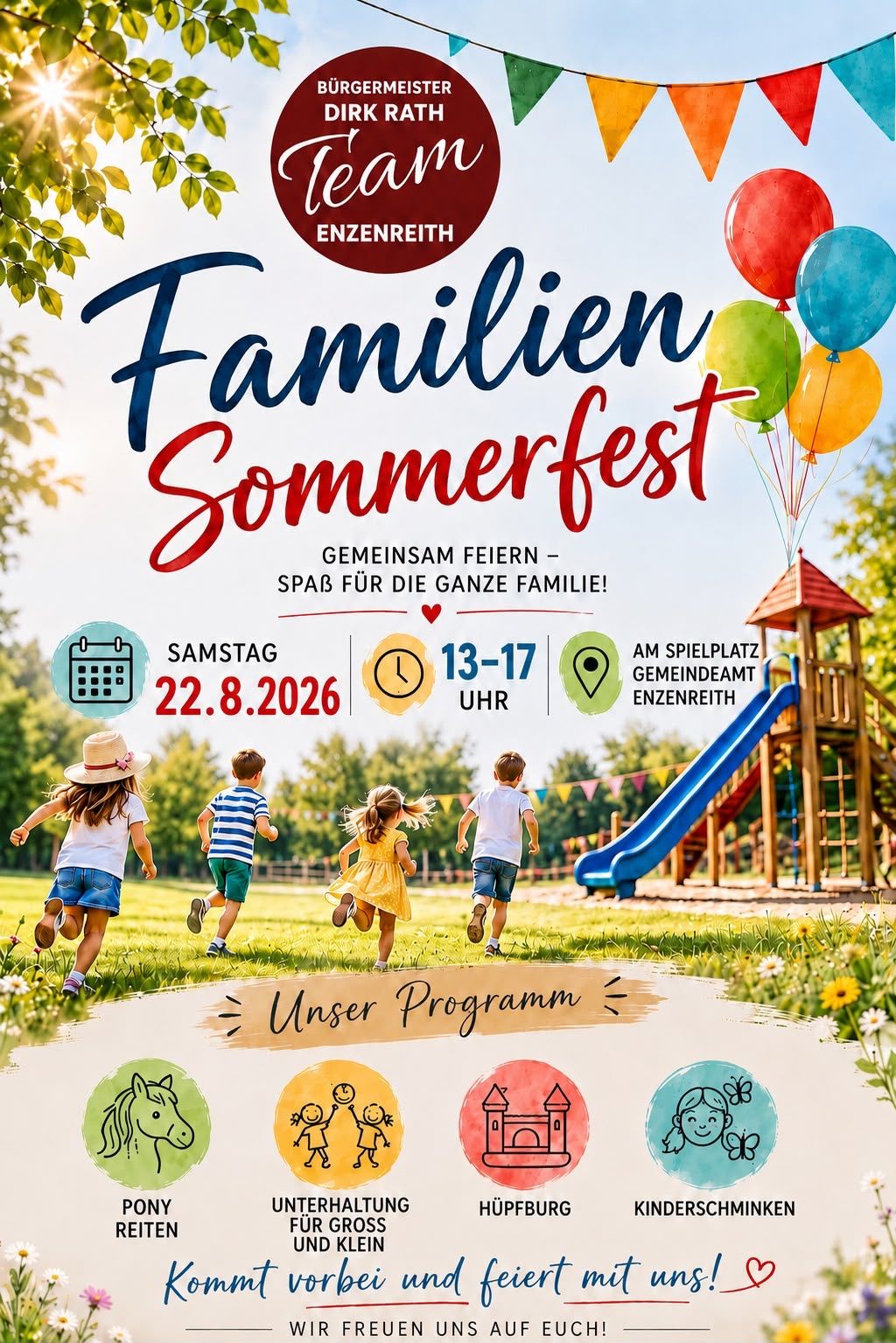 Familien Sommerfest Enzenreith am Spielplatz mit Kindern und bunter Dekoration