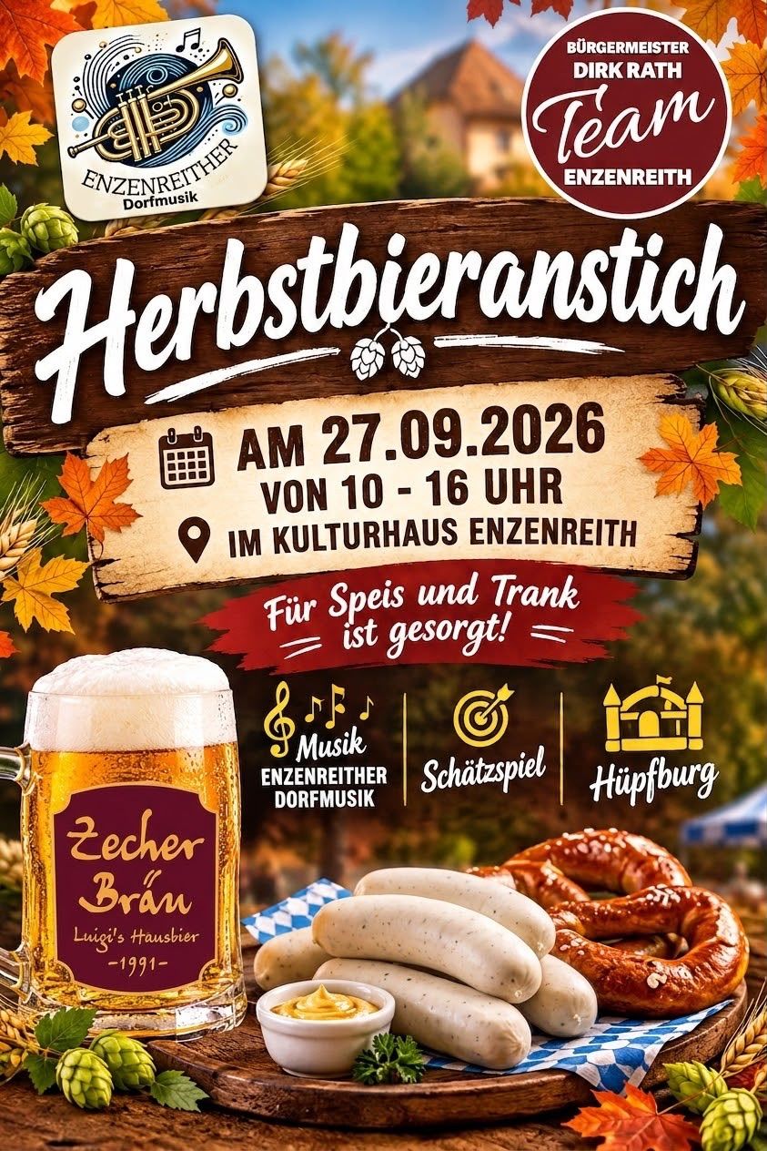 Poster for the Herbstbieranstich event, featuring a mug of beer, pretzels, and sausages. The event is on September 27, 2026, from 10 AM to 4 PM at the Enzenreith Cultural House.