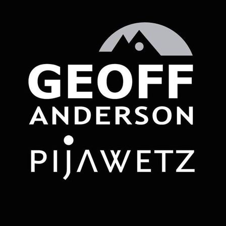 Ein Logo mit einem stilisierten Berg und dem Namen Geoff Anderson Pijawetz in weißem Text auf schwarzem Hintergrund.
