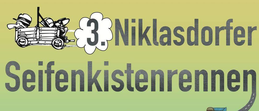 Ein Plakat für ein Seifenkistenrennen am 13. September 2025 von 8:00 bis 16:00 Uhr an der Adresse Waltenbach 7, 8712 Niklasdorf. Zeigt Kinder in Helmen auf Seifenkisten.