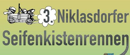 Ein Plakat für ein Seifenkistenrennen am 13. September 2025 von 8:00 bis 16:00 Uhr an der Adresse Waltenbach 7, 8712 Niklasdorf. Zeigt Kinder in Helmen auf Seifenkisten.
