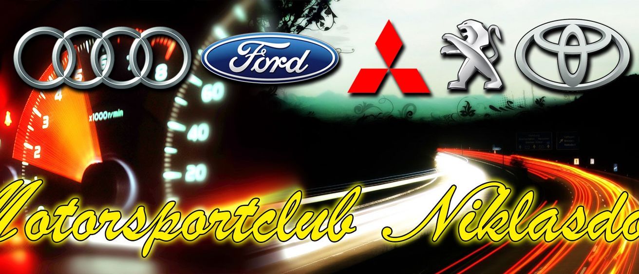 Das Bild zeigt Logos von Ford, Mitsubishi und Peugeot zusammen mit einem Tachometer. Die Worte 'Sportclub' sind hervorgehoben.