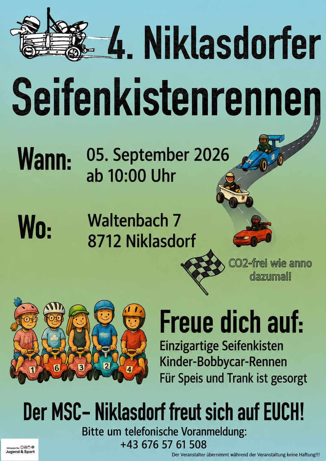 Poster for soap box car races on September 5, 2026, at 10:00 AM in Niklasdorf. Children in helmets riding toy cars. CO2-free like back then.
