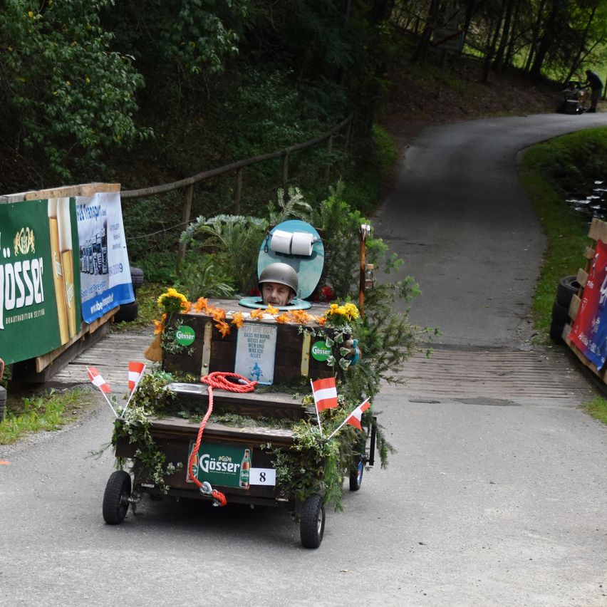 Eine Person in einem Helm fährt einen geschmückten Wagen einen Weg hinunter, umgeben von Grün und Bannern.