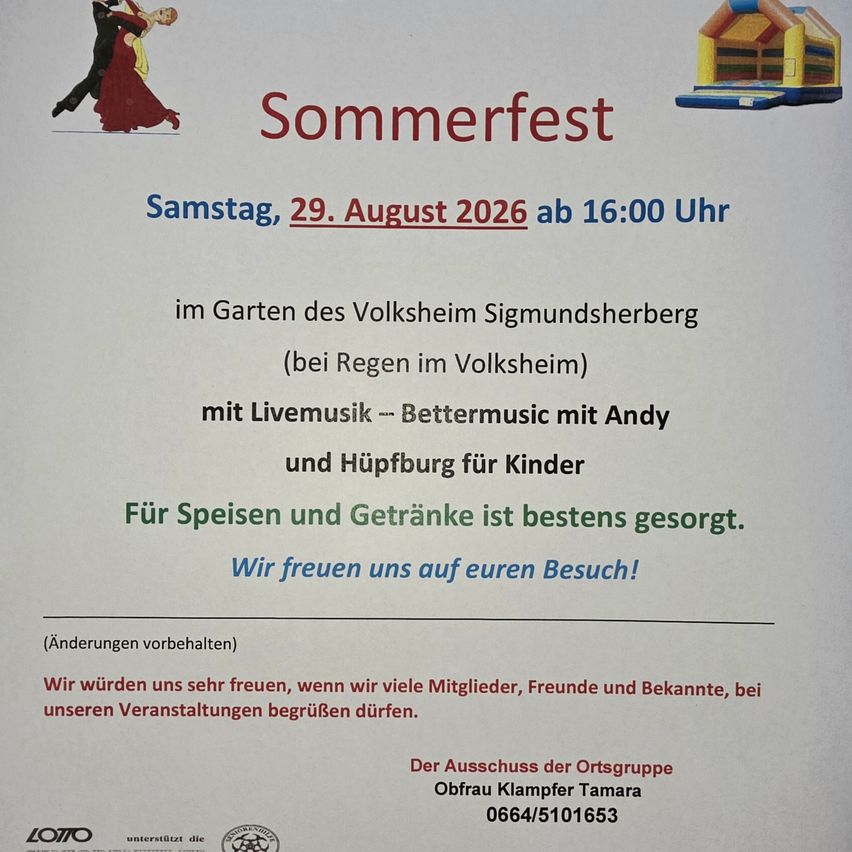Poster for a summer festival on August 29, 2026, featuring live music by Bettermusic with Andy, a bouncy castle, and a garden party with food and drinks.
