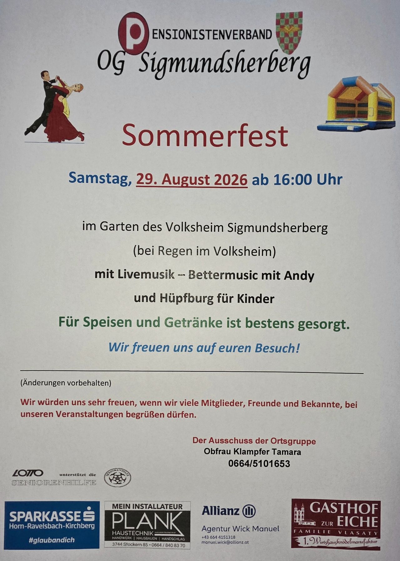 Plakat für ein Sommerfest am 29. August 2026 mit Livemusik, Hüpfburg und Speisen und Getränken. Die Veranstaltung wird vom Volksheim Sigmundsherberg ausgerichtet.