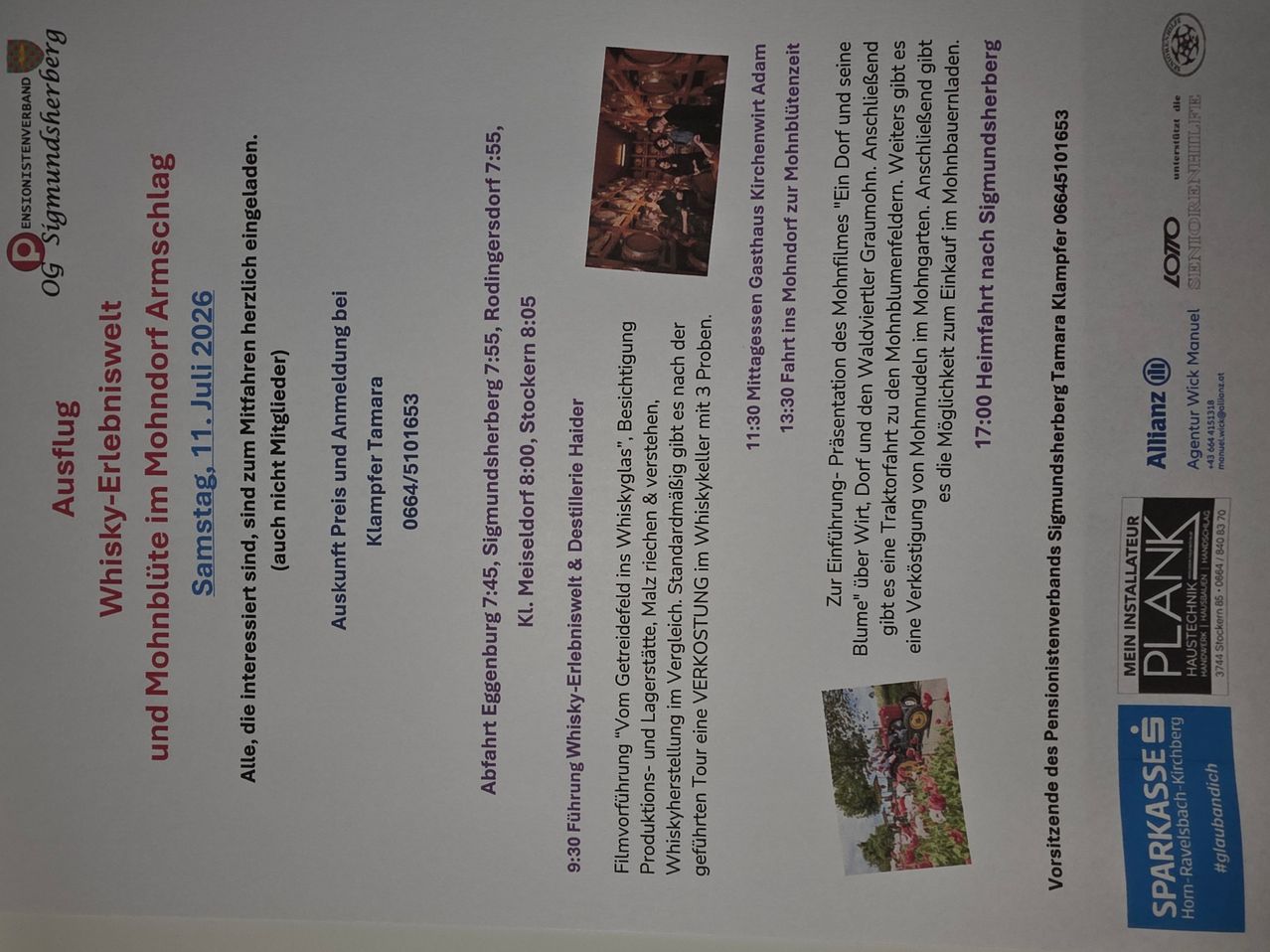 Poster shows a date, a price, and a location with a picture of people at an event. The text includes details about a distillery tour and tasting.