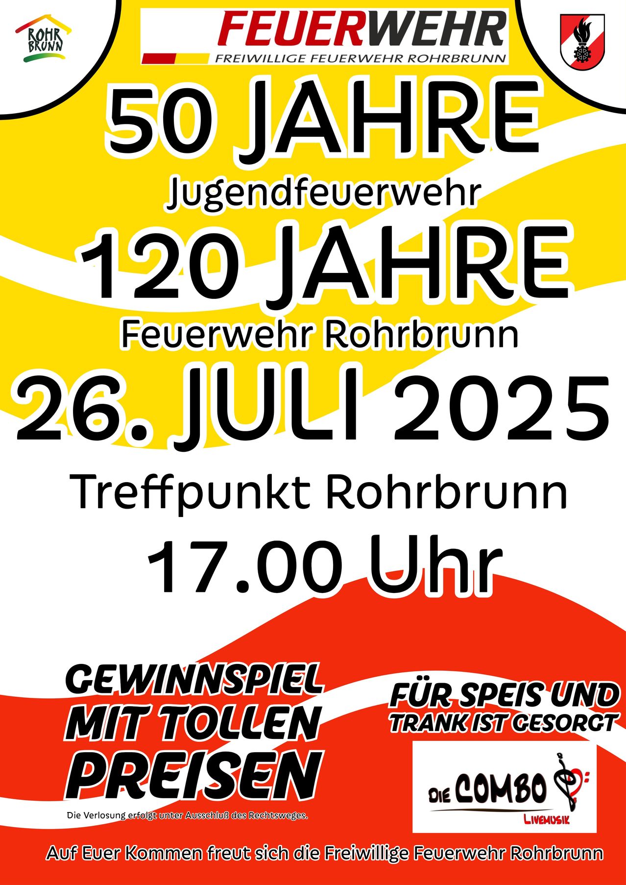 Plakat für das 120-jährige Jubiläum der Feuerwehr Rohrbrunn am 26. Juli 2025 um 17 Uhr. Treffpunkt ist Rohrbrunn. Eine Tombola mit Preisen ist für Essen und Getränke organisiert.