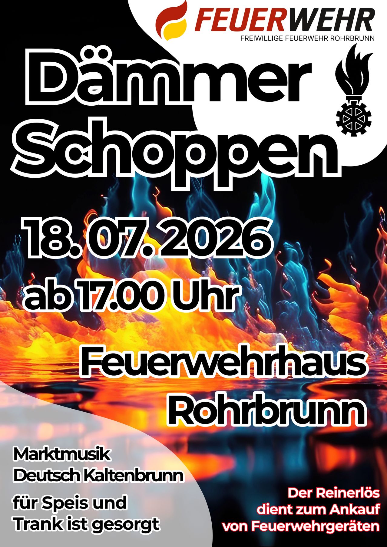 Poster for Daminer Schoppen event on 18th July 2026, starting at 5 PM at the Rohrbrunn fire station. Features a fiery background and a logo.