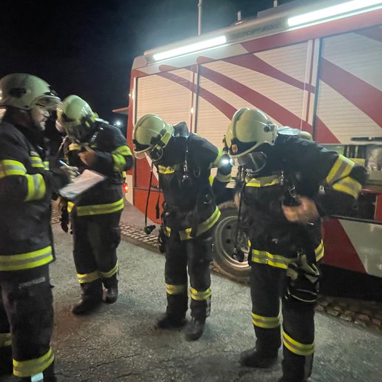 Vier Feuerwehrleute in voller Montur stehen bei Nacht neben einem Feuerwehrwagen, einer schreibt Notizen.
