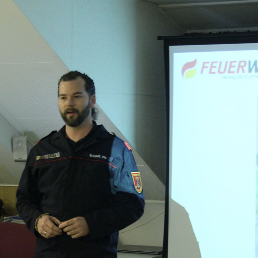 A man in a uniform stands in front of a projector screen with the text 'FEUERW' on it. He has a beard and is looking at something in front of him.