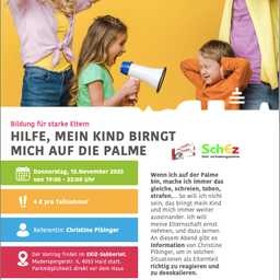 Plakat für eine Veranstaltung von Christine Pibinger, einer Erziehungsexpertin. Die Veranstaltung findet am Donnerstag, 13. November 2025, von 19:00 bis 22:00 Uhr im EKIZ-Sabberlot, Maderspergerstr. 5, 4053 Haid statt. Die Teilnahme kostet 4€ pro Person. Christine wird Einblicke in effektive Erziehung geben.