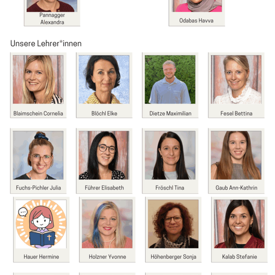 Eine Fotocollage zeigt mehrere lächelnde Personen. Namen und Titel sind unter jedem Foto beschriftet. Erste Reihe: Alexandra Pannagger und Havva Odabas. Zweite Reihe: Cornelia Blaimschein, Elke Bloch, Maximilian Dietze, Bettina Fesel. Dritte Reihe: Julia Fuchs-Pichler, Elisabeth Fuhrer, Tina Fröschl, Ann-Kathrin Gaub. Vierte Reihe: Hermine Hauer, Yvonne Holzner, Sonja Hohenberger, Stefanie Kalab.