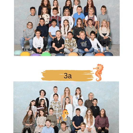 Zwei Bilder von Schulkindern und Lehrern, eines mit Kindern vor einer grauen Wand, das andere mit einer Gruppe einschließlich Erwachsener, beide mit dekorativen Elementen.