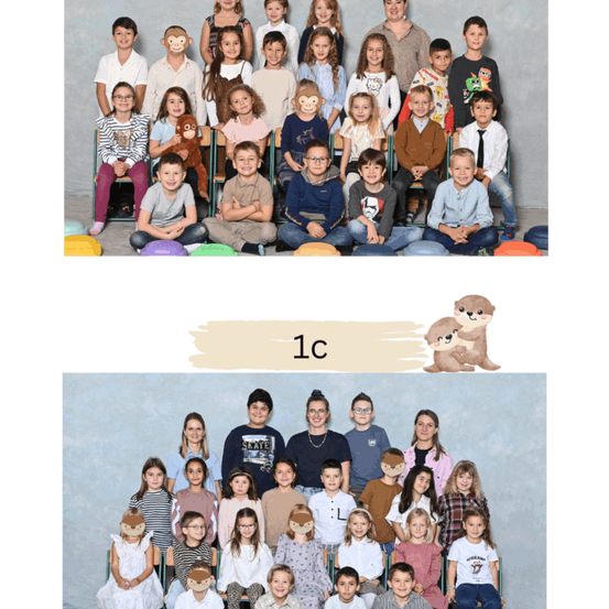 Eine Gruppenaufnahme von Schülern und Lehrern mit einem verspielten Affen-Thema. Einige tragen Masken und haben bunte Hintergründe. Eine '1c' Markierung in der Mitte.