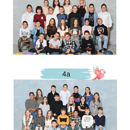 Zwei Klassenfotos zeigen eine Gruppe von Kindern. Das obere Foto hat 13 Kinder, das untere 14.