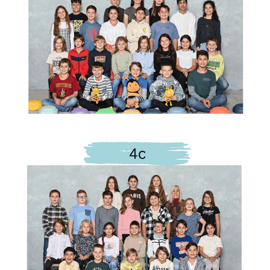 Zwei Gruppenfotos von Kindern in Schuluniformen, einige mit Brille und halten Spielzeug. Temperaturanzeige von 4°C.